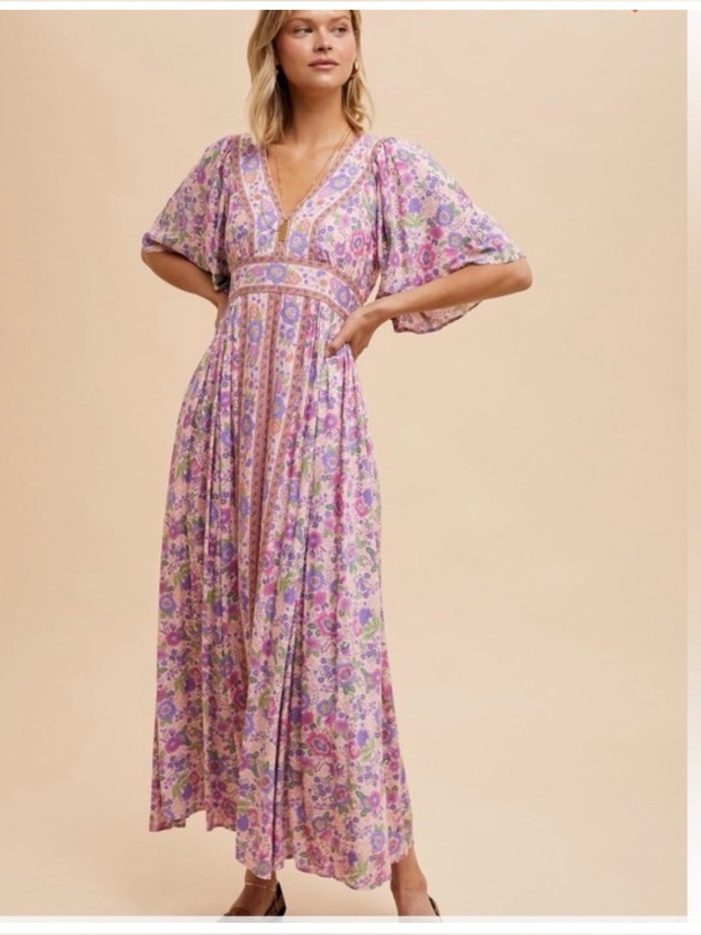 New In Loom Lavender and Pink Border Print Flutter Sleeve Maxi Dress Size Medium